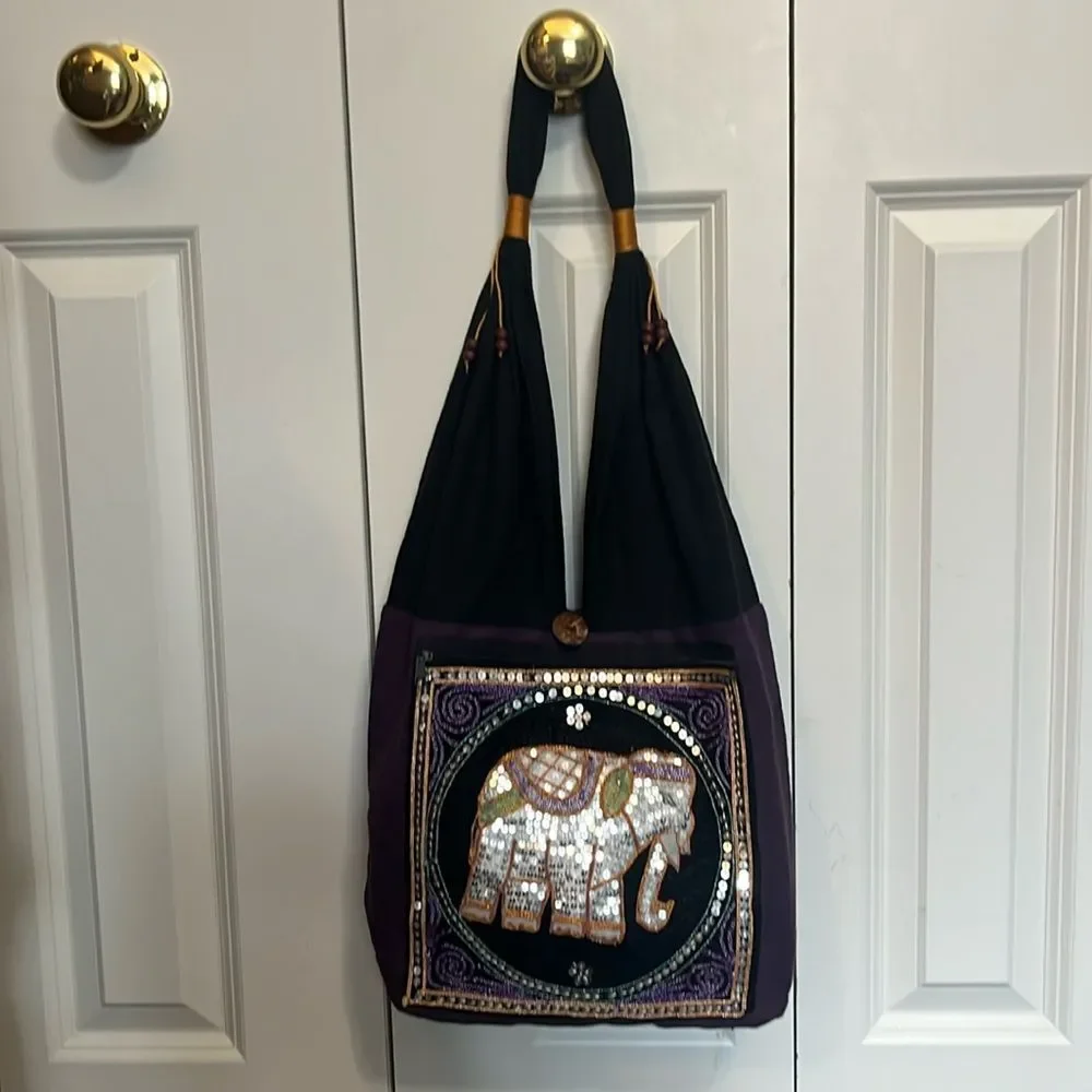 Embroidered Sequin Elephant Purse Shoulder Bag Tote Elephant Thailand Hobo Beads